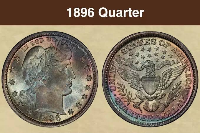 1896 Barber Quarter obverse and reverse showing Liberty head design and heraldic eagle