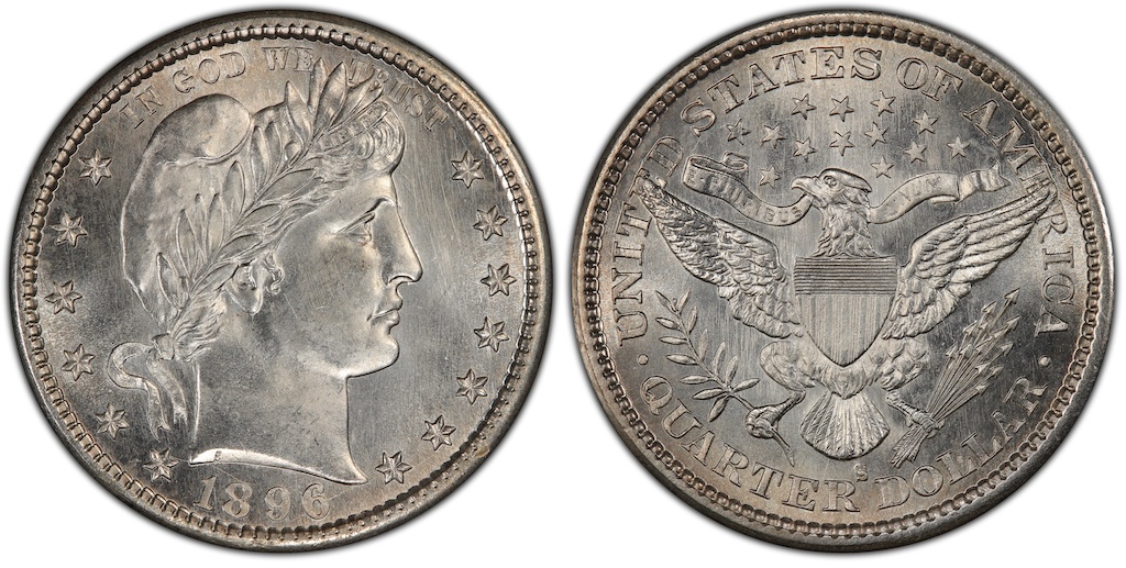 Side-by-side comparison of genuine 1896-S mint mark versus counterfeit added S mint mark on Barber Quarter