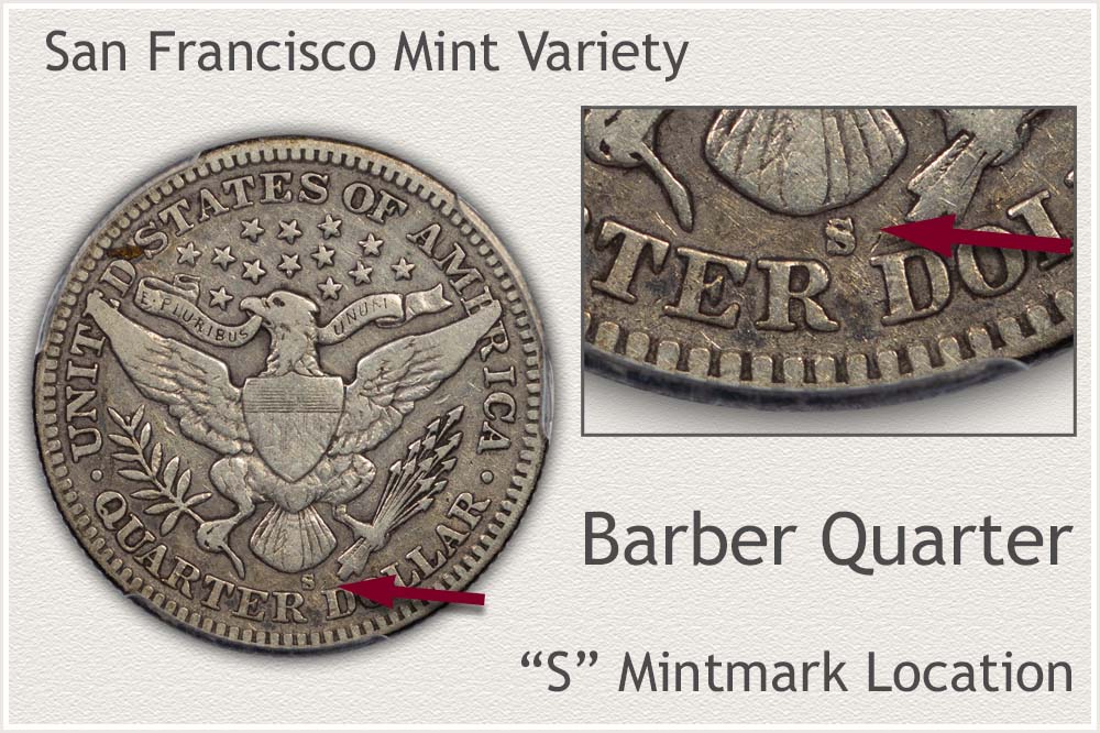 1896-S Barber Quarter reverse showing the S mint mark below the eagle's tail feathers