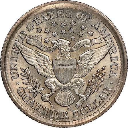 1896-O Barber Quarter reverse showing the O mint mark from the New Orleans Mint