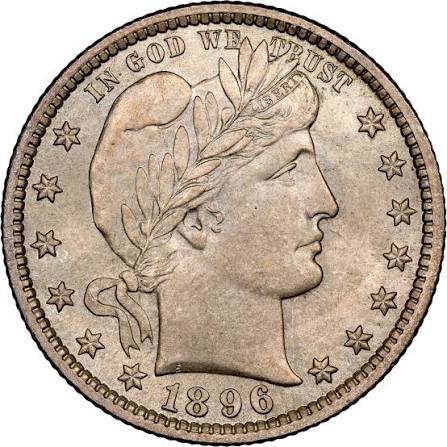 1896 Barber Quarter repunched date close-up showing secondary digit impressions of the Lawrence-101 variety