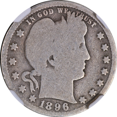 1896 Barber Quarter off-center strike error coin showing design shifted from center
