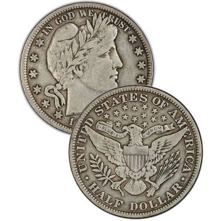 Grading strip showing 1896 Barber Quarter in four conditions: Good, Fine, Extremely Fine, and Mint State